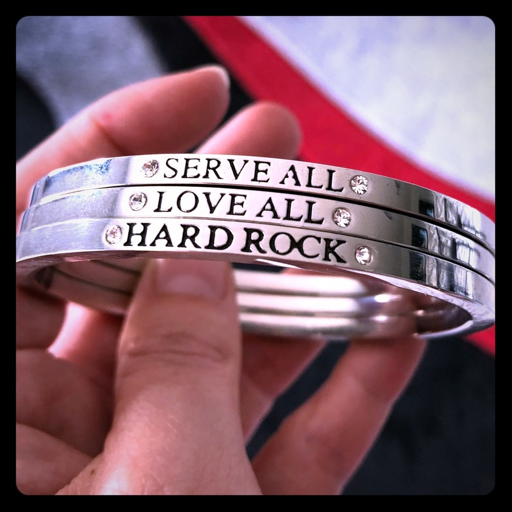 3 heavy silver bangles fm Hard Rock Cafe
